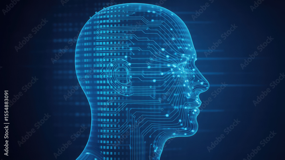Poster digital mind: a stylized, futuristic rendering of a human head, with glowing circuits and patterns, 