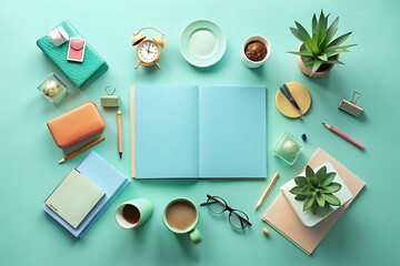 A flat lay of a bright and organized desk with an open notebook coffee mug alarm clock plants pencils glasses and stationery promoting productivity and a clean workspace aesthetic