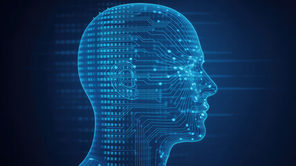 Digital Mind: A stylized, futuristic rendering of a human head, with glowing circuits and patterns, evoking themes of artificial intelligence, technology, and the digital age.