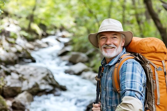 Happy senior man hiking with backpack in forest