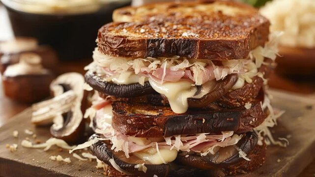 Mouthwatering reuben sandwich stacked high on a rustic cutting board with fresh mushrooms, featuring corned beef, sauerkraut, and melted swiss on rye bread