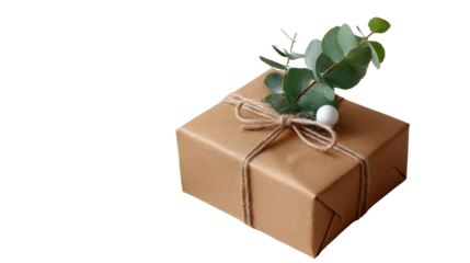 A Gift of Simplicity: An elegant gift wrapped in earthy paper, adorned with a delicate sprig of eucalyptus and tied with natural twine.