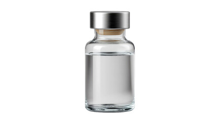 Clear Liquid Vial: A pristine glass vial filled with clear liquid, sealed with a silver cap, suggesting purity and precision.
