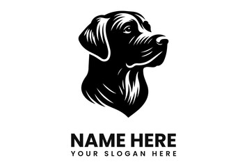 A stylized black and white graphic of a dog's head, with text placeholders for a name and slogan below.