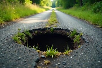 A Pathway's Unexpected Obstacle A Deep Hole in the Asphalt, Partially Concealed by Resilient Vegetation Growing from Its Depths, a Testament to Nature's Persistence Amidst Urban Decay.