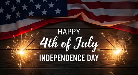 Happy 4th of July Independence Day American Flag Sparklers Wooden Background Red White Blue Festive Celebration