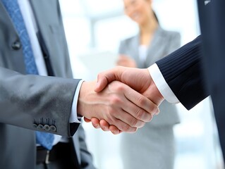 Business deal between two partners as they clasp hands in an office setting, symbolizing partnership and agreement