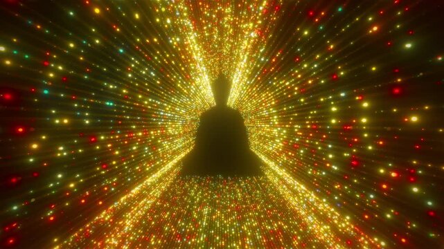 Buddha Silhouette Immersed in a Colourful Sparkling Tunnel looping animation
