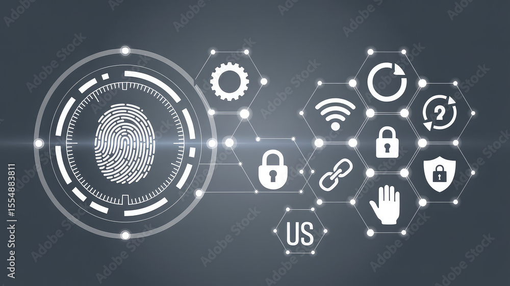 Poster cybersecurity fingerprint scan: a futuristic graphic showing a fingerprint at the center of a digita