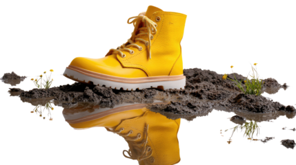 Yellow Boot Adventure: A striking yellow boot confidently treads upon a terrain of wet soil, leaves, and flora. Reflection adds a unique touch to the adventure!