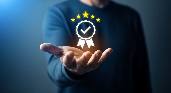 Man Holding Holographic Five Star Award Seal Checkmark Ribbon Badge in Open Palm Dark Blue Background