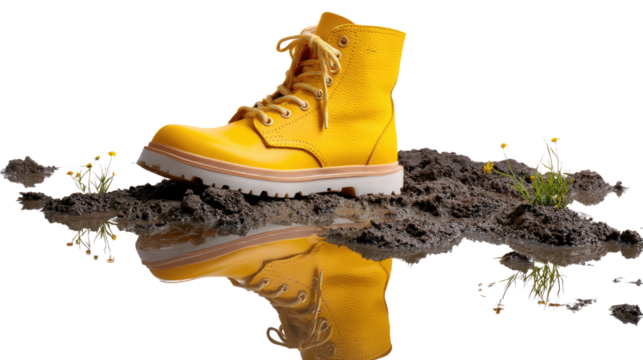 Yellow Boot Adventure: A striking yellow boot confidently treads upon a terrain of wet soil, leaves, and flora. Reflection adds a unique touch to the adventure!
