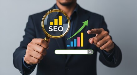 Man in Dark Suit Holding Magnifying Glass Showing S E O Growth Chart with Upward Trending Green Arrow and Search Bar
