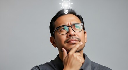 Man in Glasses Contemplating Idea Lightbulb Above Head Gray Background Thoughtful Expression thinking