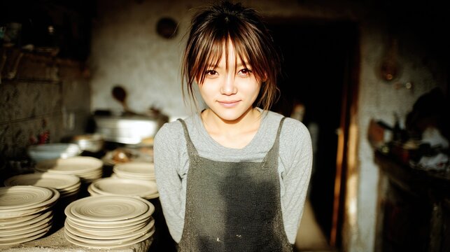 Smiling Artisan in Pottery Workshop with Handmade Plates and Soft Lighting
