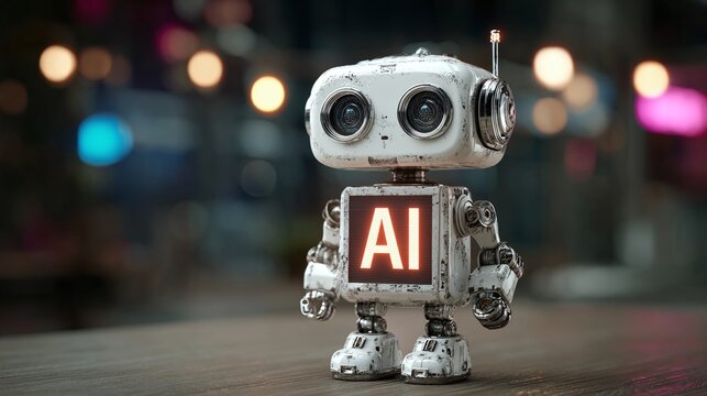 Retro AI Robot: A charming, vintage-style robot with "AI" displayed on its chest stands on a wooden surface against a blurred backdrop of city lights.