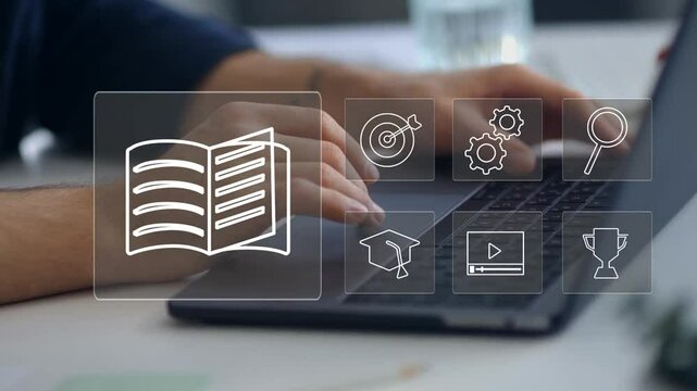 E-learning online education training webinar on internet for personal development and professional qualifications. Digital courses to develop new skills.