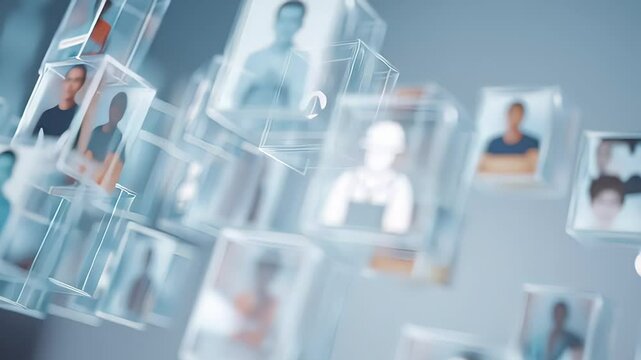 Floating transparent cubes displaying various professional avatars and icons in a digital environment. Concept of workforce management, HR technology and digital recruitment
