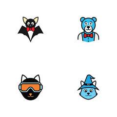 Adorable Cartoon Animal Icons Bat, Bear, Cat, and Witch Cat Illustrations