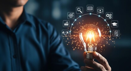 Person Holding Glowing Lightbulb with Surrounding Digital Icons Ideas Innovation Technology Concept bright