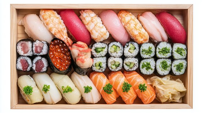 Assorted sushi and rolls featuring a variety of fish, seafood, roe, and vegetables arranged in a wooden tray for a delightful culinary experience.