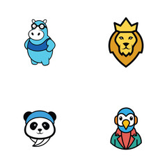 Cute Animal Mascot Illustrations Hippo, Lion, Panda, Penguin