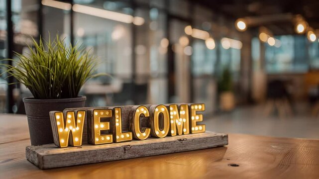 Illuminated welcome sign on a wooden table with a plant in a modern office lobby setting. Concept of hospitality, workplace culture and professional environment
