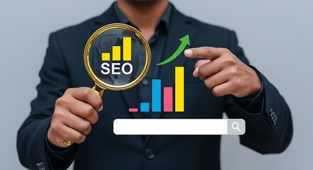 Person in dark suit holding magnifying glass showing S E O bar graph upward trending search bar chart