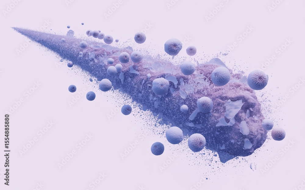 Poster abstract three dimensional illustration of an asteroid with spherical shapes against a soft backgrou