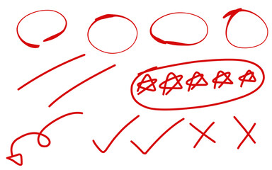 Hand-drawn red symbols and shapes for highlighting, annotations, and visual emphasis.
