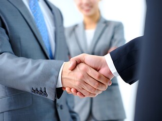 Professional partnership depicted in a handshake between two executives, symbolizing agreement and business collaboration.