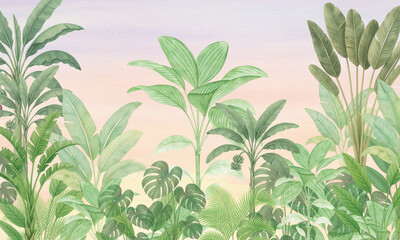 Watercolor Tropical Jungle with Sunrise Sky - Botanical Wall Art Print
