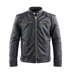 Stylish black leather jacket with quilted design and zipper detail for casual and fashionable outfits Transparent background or png