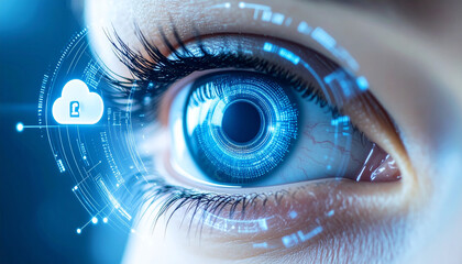 Cyber Eye: A close-up, futuristic image of an eye, seamlessly integrated with advanced technology, representing the digital age, technological progress, and the power of information.