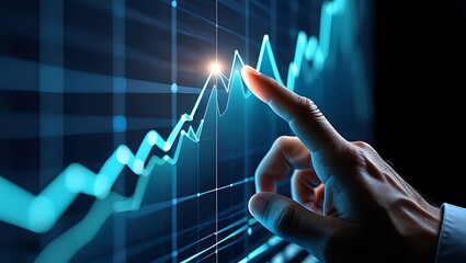Digital analysis shows positive growth with a hand pointing to a rising graph, highlighting market trends and progress on a futuristic display.