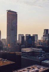 Aerial scenery panoramic view of Hong Kong modern skyscrapers district. Urban drone view with...