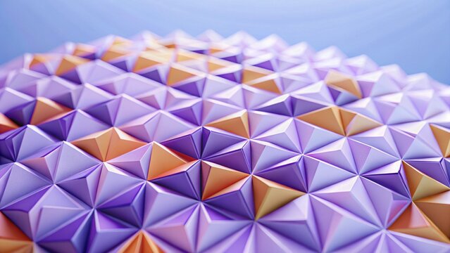 Abstract geometric background featuring a textured surface of interconnected triangles in shades of purple and gold with a soft blue sky