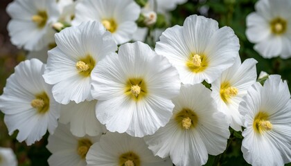Obraz premium Cluster of White Mallow Flowers with Yellow Centers in Sunlight, Floral Fragrance Notes