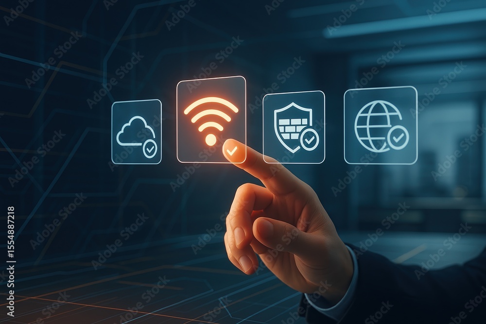 Aufkleber touching wifi icon on digital interface with cloud security and globe icons