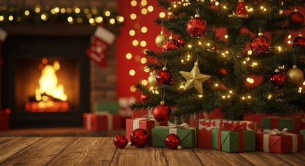 Christmas Tree with Fireplace and Gifts on Wood Table