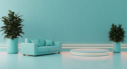 Teal Room Interior Design Minimalist Sofa Two Plants Round Pedestal Light Base aqua light blue