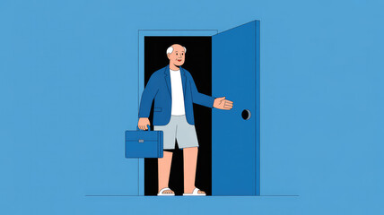 Exiting the Office: A senior man, dressed in smart casual attire, confidently steps out of a blue door, briefcase in hand, signifying a successful day's work or retirement.