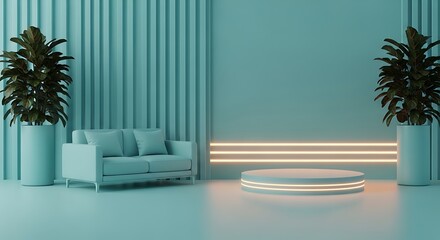 Teal Room Minimalist Scene Modern Sofa Two Plants Round Pedestal Neon Lights aqua blue