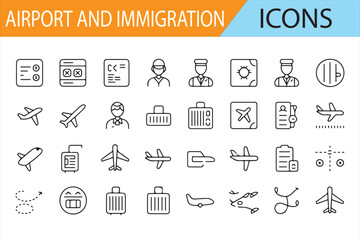 Airport and Immigration Icons Set for Travel and Air Transportation