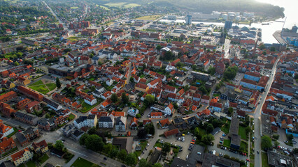 An arial view from the old town in the city Aabenraa in Denmark on a sunny day in spring