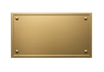 Brushed brass rectangular plaque with raised border and four brass screws isolated on transparent background