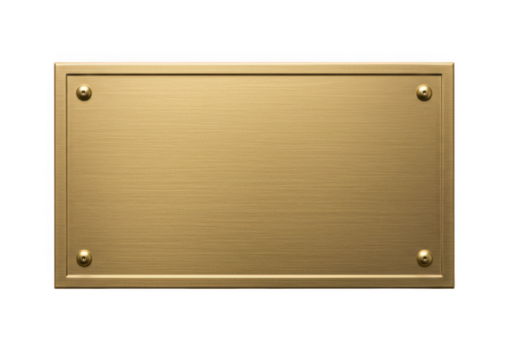 Brushed brass rectangular plaque with raised border and four brass screws isolated on transparent background