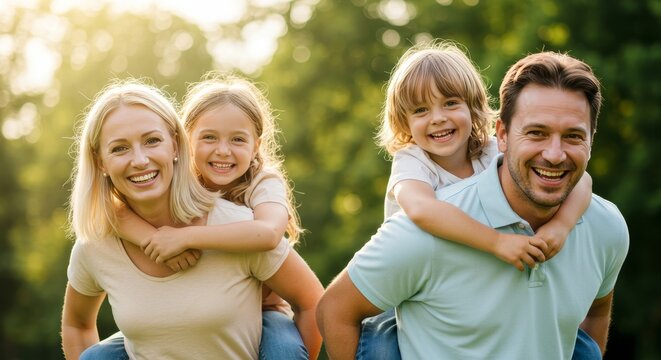 Family Fun Parents Giving Children Piggyback Ride in Park Smiling - Powered by Adobe