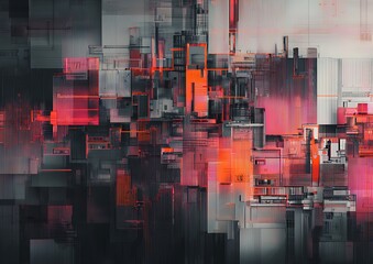 Abstract cityscape with red accents glow