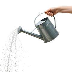 Hand Pouring Sparkling Clear Water from Classic Galvanized Metal Watering Can – Essential for Healthy Plants, Isolated on White or Transparent Background